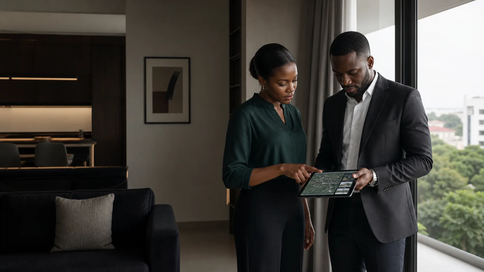 Ghanaian real estate professionals reviewing a property dossier