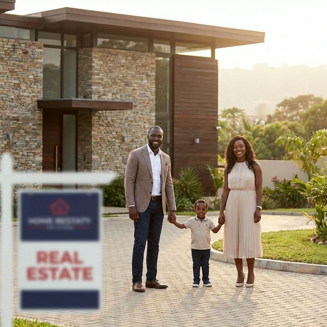Family in front of a modern home in Greater Accra