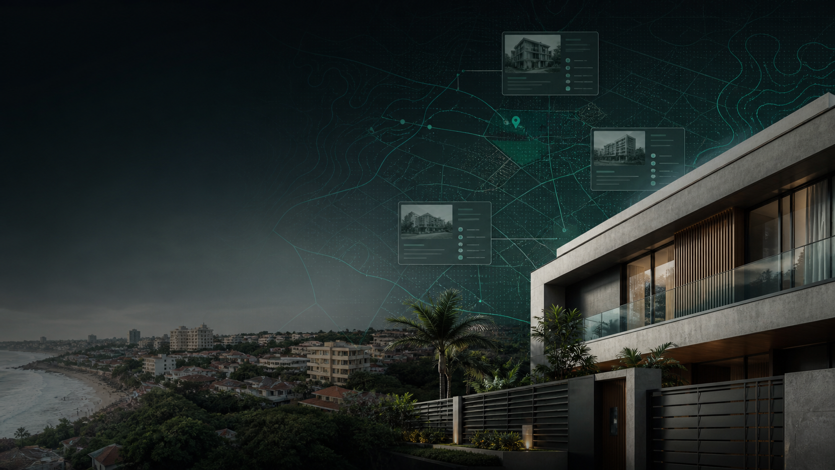 Ghana property intelligence visual with map grid, risk contours and property dossier panels