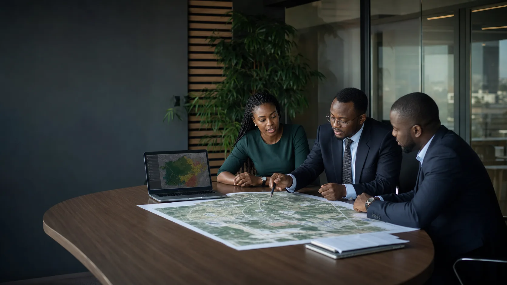 Ghanaian property and finance professionals reviewing a site map