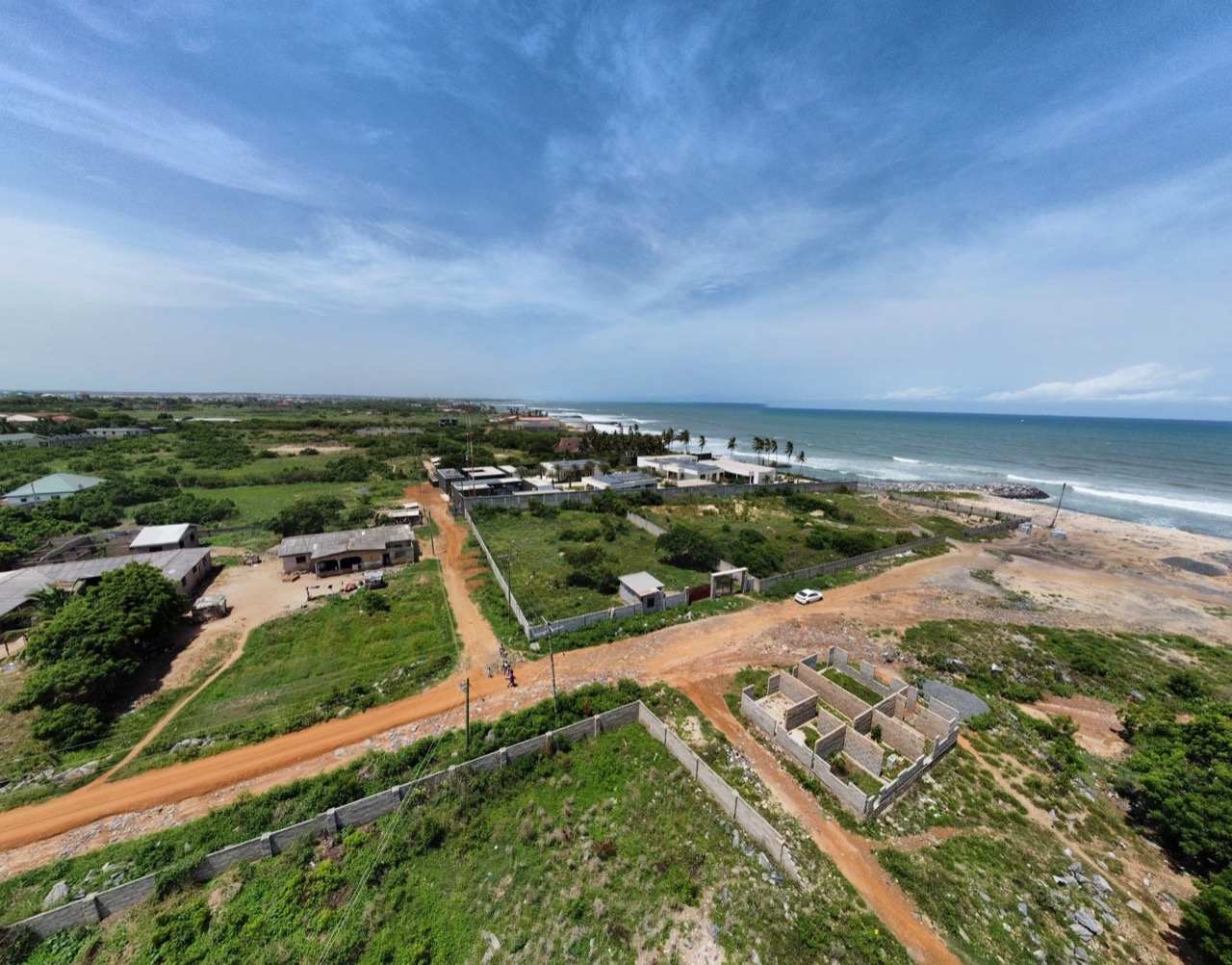 Aerial view of the plot and surrounding coastal parcels near Prampram